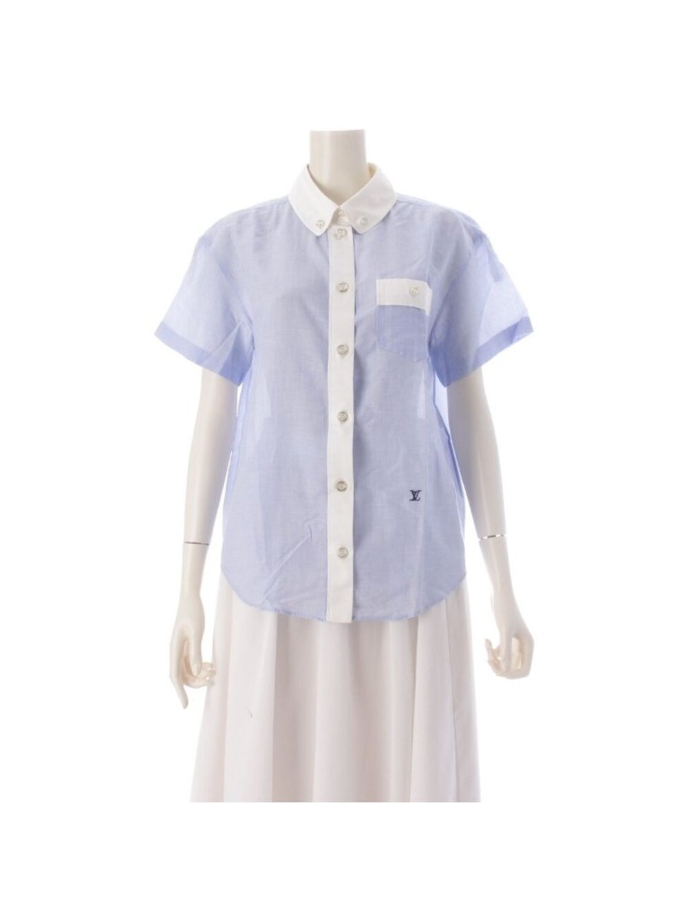 Louis Vuitton Cotton Linen LV Logo Roll Up Sleeve Short Shirt Blue 38